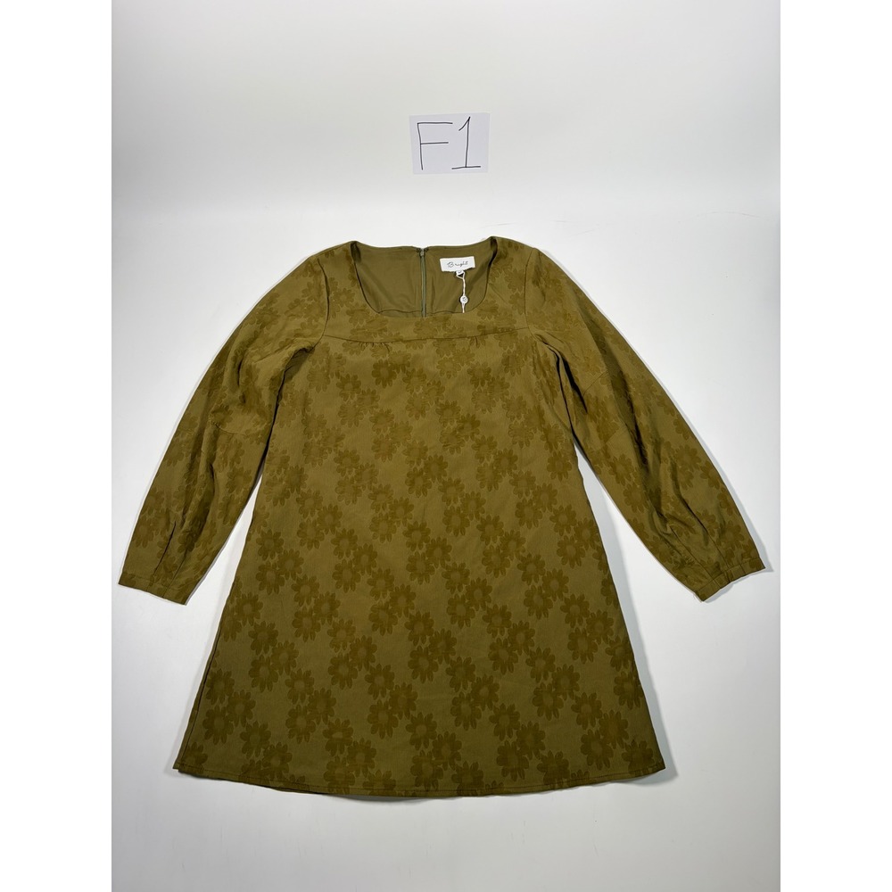 B.right Olive Green Floral Jacquard Mini Dress Boho Cottagecore Minimalist M